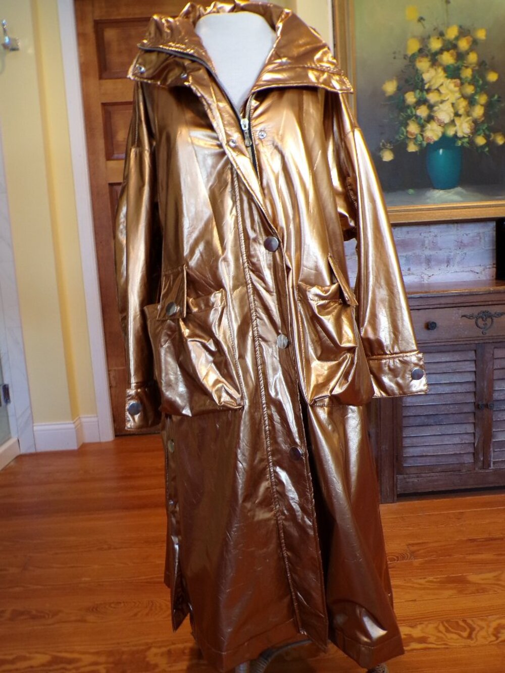 Mona More Metallic Gold Trench Coat Zip and Snap Closure Womens Size M